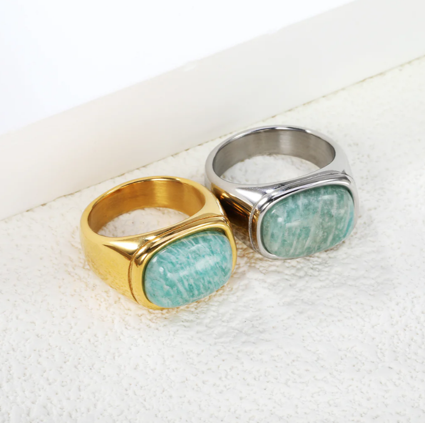 Chrysocolla Solitaire Ring- Set in Stainless steel +18K Gold / 18K Rose gold plated, Hypoallergenic - GoodiesRus