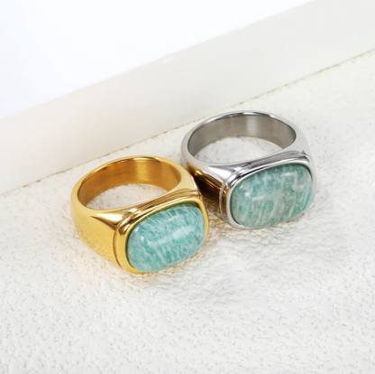 Chrysocolla Solitaire Ring- Set in Stainless steel +18K Gold / 18K Rose gold plated, Hypoallergenic - GoodiesRus