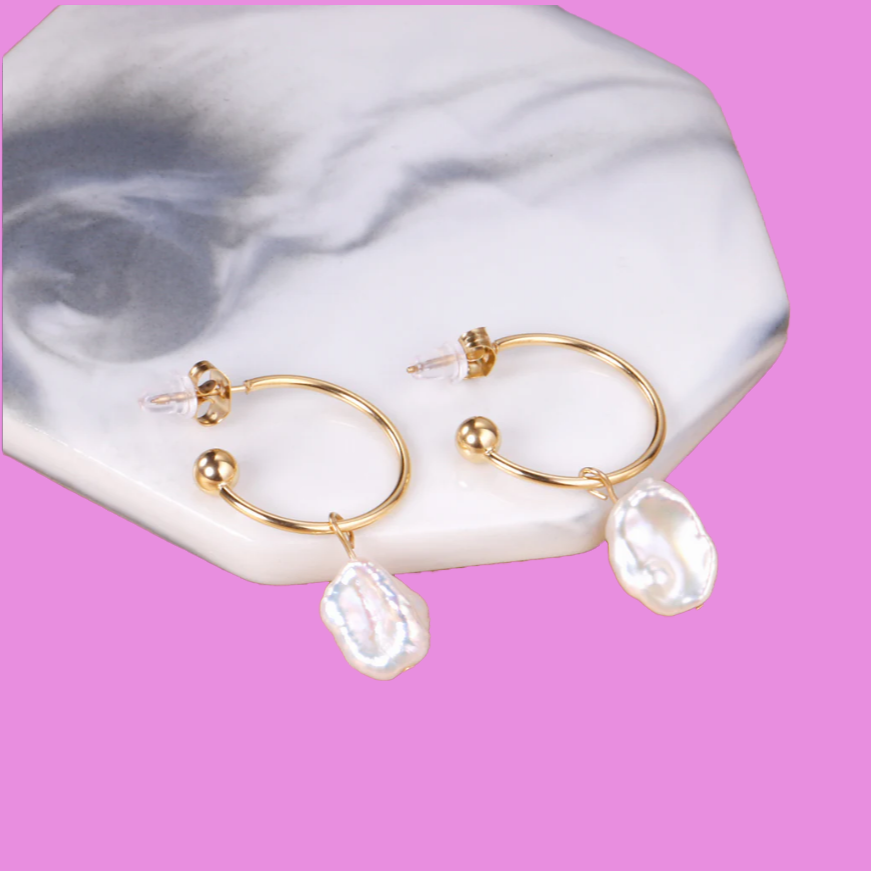 Semi-circle earrings + shaped pearl studed Hoops-Stainless steel +18K Gold / 18K Rose gold plated, Hypoallergenic - GoodiesRus